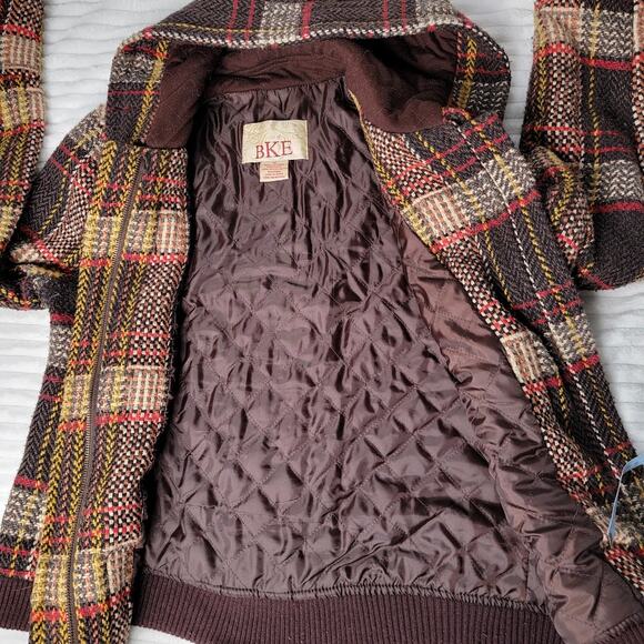 BKE Plaid Wool Toggle Coat Jacket M Hooded Brown Red Yellow Check Y2K Retro - Picture 7 of 7